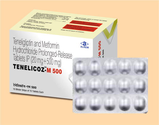 Tenelicoz M 500 Tablets 15'S 15's Teneligliptin 20 mg + Metformin Hydrochloride 500 mg by Alkem1