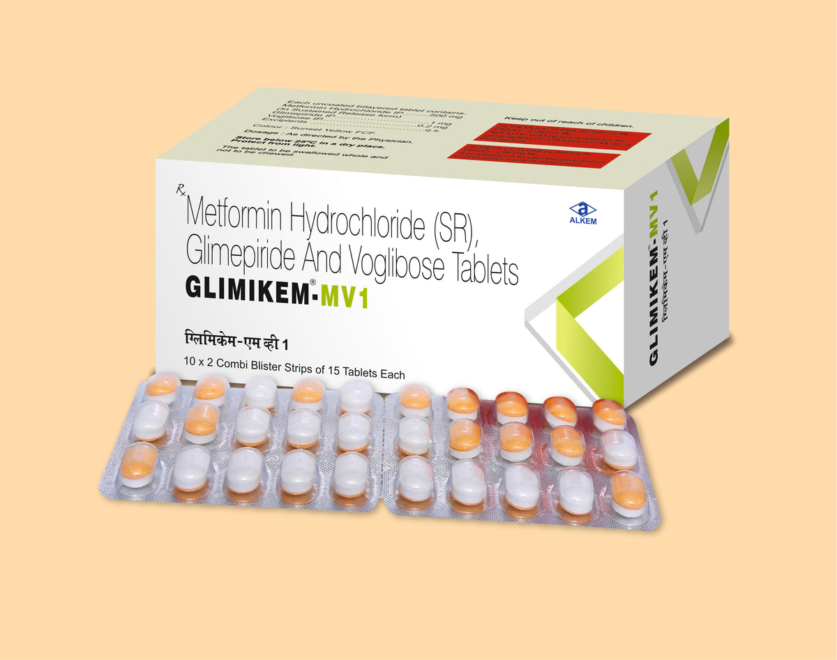 Glimikem Mv1 Tablets
(15’S) (15'S) Glimepiride 1 Mg, Metformin 500 Mg Sr, Voglibose 0.2 Mg Tab By Alkem1