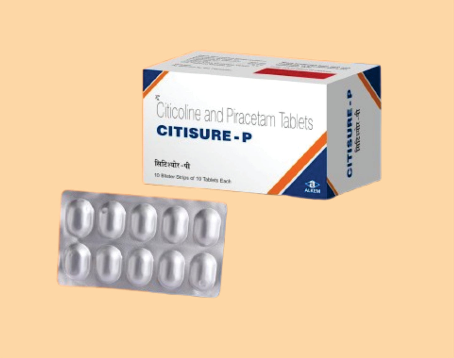CITISURE - P Tablets (10's) Citicoline Sodium 500 mg + Piracetam 800 mg by Alkem1