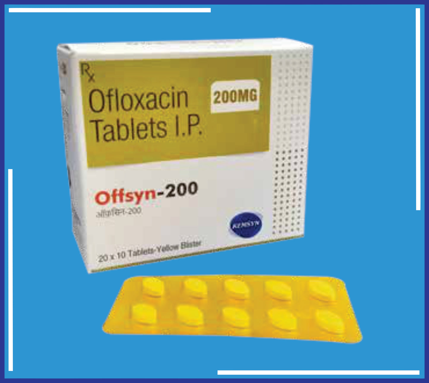 OFFSYN -200 TABLET
(Yellow Blister) ( Ofloxacin I.P. 200 Mg ) pack 20x10 by Kemsyn