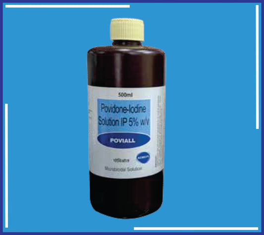 Poviall 500 Ml Solution ( (Povidone Iodine Ip 5% W/W) ) pack 500ml by Kemsyn
