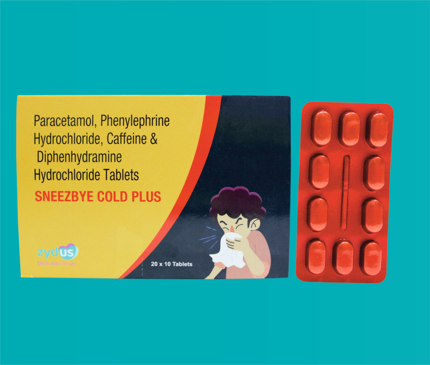 SNEEZBYE COLD PLUS TABLET 20x10 ( Paracetamol IP 500mgPhenylephrine Hydrochloride IP 5mgCaffeine (Anhydrous) IP 30mgDiphenhydramine Hydrochloride IP 25mg ) by Zydus
