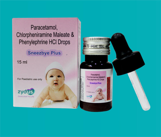 SNEEZBYE PLUS DROP 15ml. ( Paracetamol IP 125 mg Phenylephrine HCl IP 2.5 mg Chlorpheniramine Maleate IP 1 mg ) by Zydus