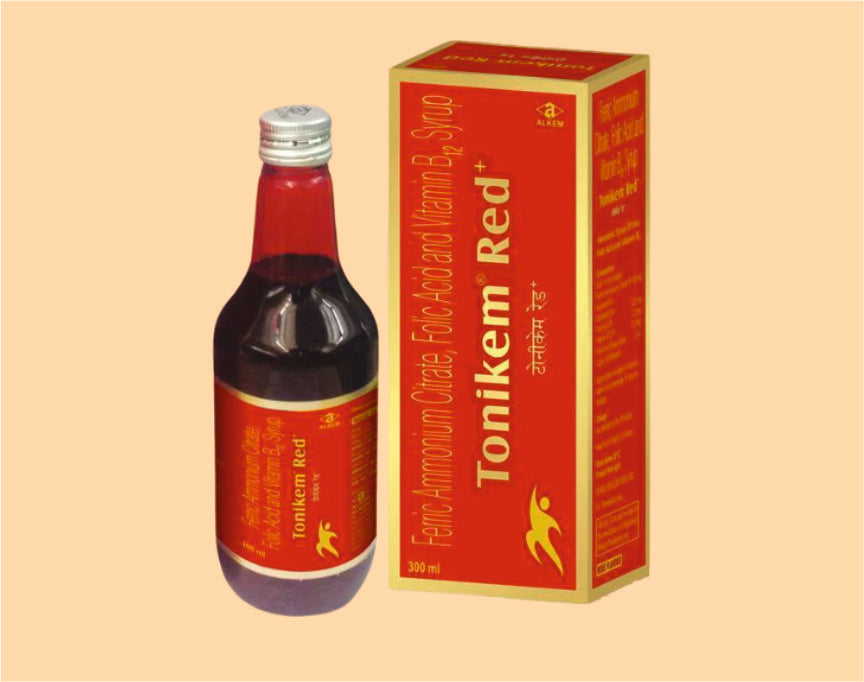 Tonikem Red + Syrup (300Ml) pack 300Ml ( Ferric Ammonium Citrate 160 Mg Eq. To Elemental Iron
32.8 Mg + Folic Acid 0.5 Mg + Vitamin B12 7.5 Mcg / 15 Ml (300Ml) ) by Alkem1