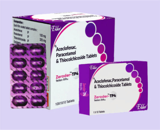 ZERODER TP4 TABS (100/325/4MG) 10'S ( Aceclo 100mg, Para 325mg, Thio 4mg ) by Elder