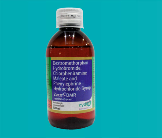 ZYCOF- DMR SYP 100ml. ( Dextromethorphan Hydrobromide IP 10 mgChlorpheniramine Maleate IP 2 mgPhenylephrine Hydrochloride IP 5 mg Flavoured Syrupy Base q.s. ) by Zydus