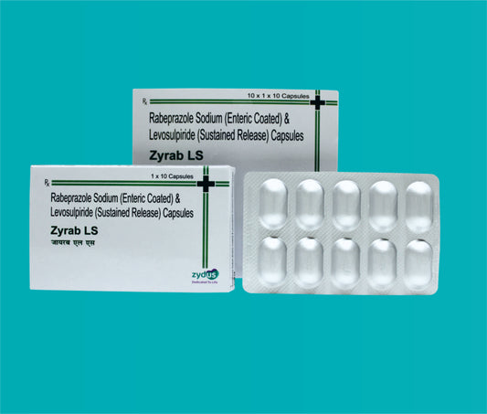 ZYRAB-LS CAPSULES
(ALU- ALU PACK) 10x1x10 ( Rabeprazole Sodium IP 20 mg (as enteric coated pellets)Levosulpiride 75 mg (as sustained release pellets) ) by Zydus