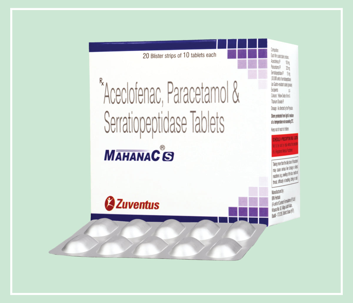 Mahanac - S Tablet (20X1X10 T) Paracetamol 325 Mg, Aceclofenac 100 Mg, Serratiopeptidase 15 Mg (30,000 Units) Gastro-Resistant Tab By Zuventus