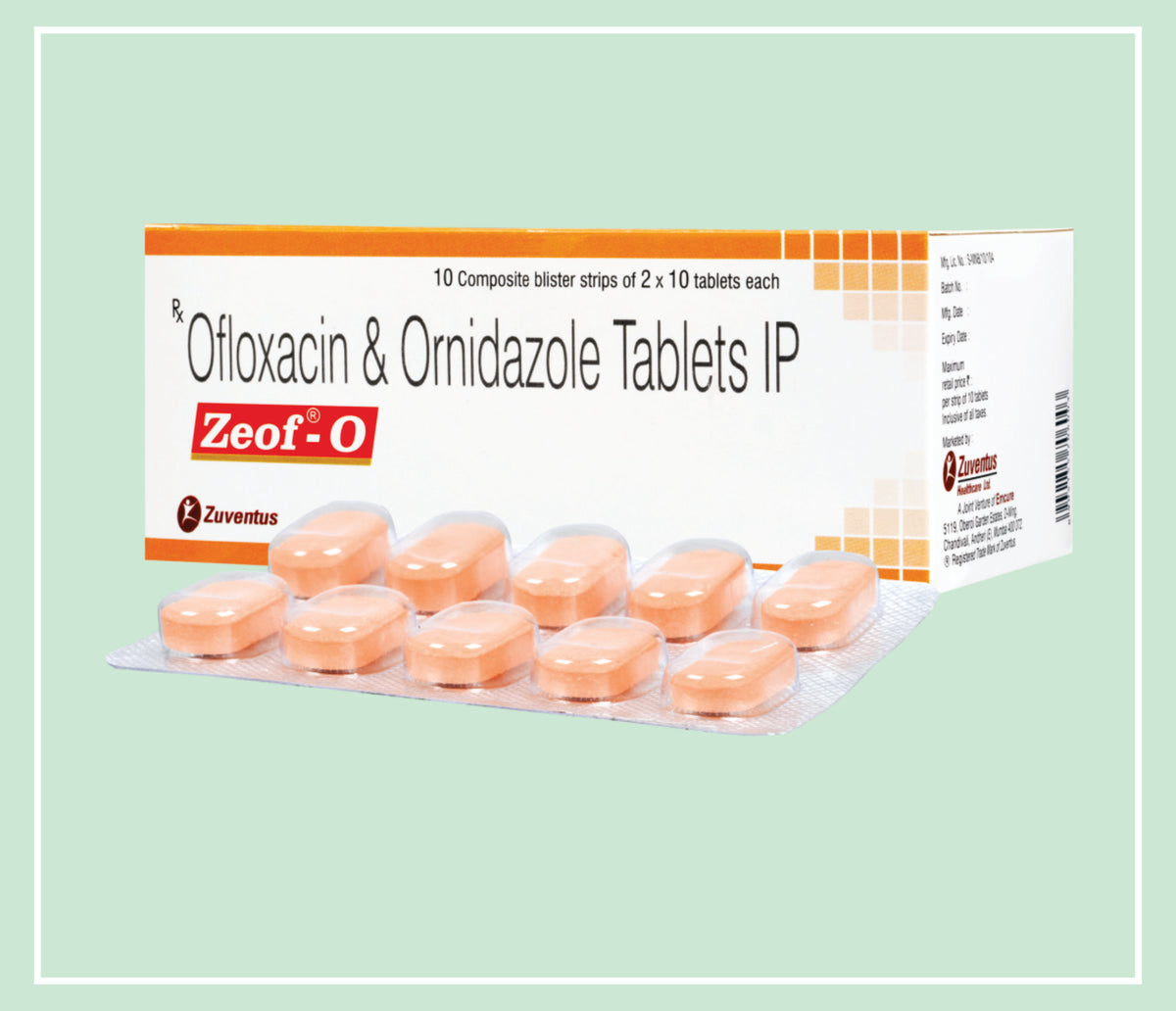 Zeof O Tablet (20X1X10 T) Ofloxacin 200 Mg, Ornidazole 500 Mg Tab By Zuventus