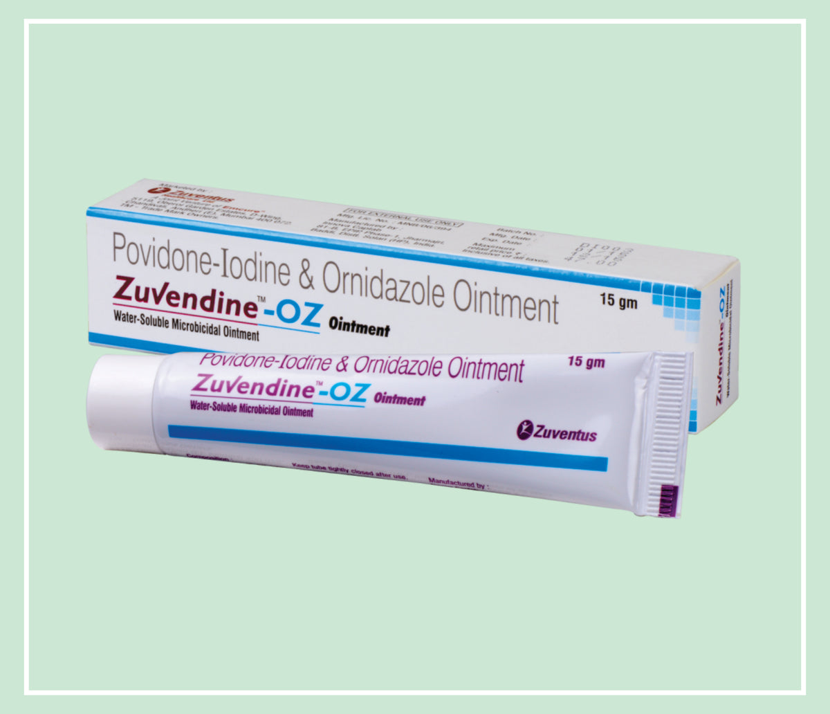Zuvendine Oz Ointement (20X1X15 Gm) Povidone Iodine 5% W/W (Available Iodine 0.5% W/W), Ornidazole 1% W/W Oint By Zuventus