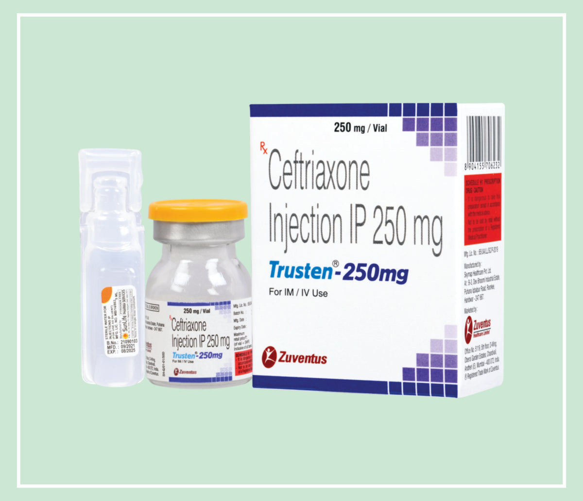 Trusten 250 Mg Injection (25X1X1 Vial) Ceftriaxone 250 Mg Inj By Zuventus