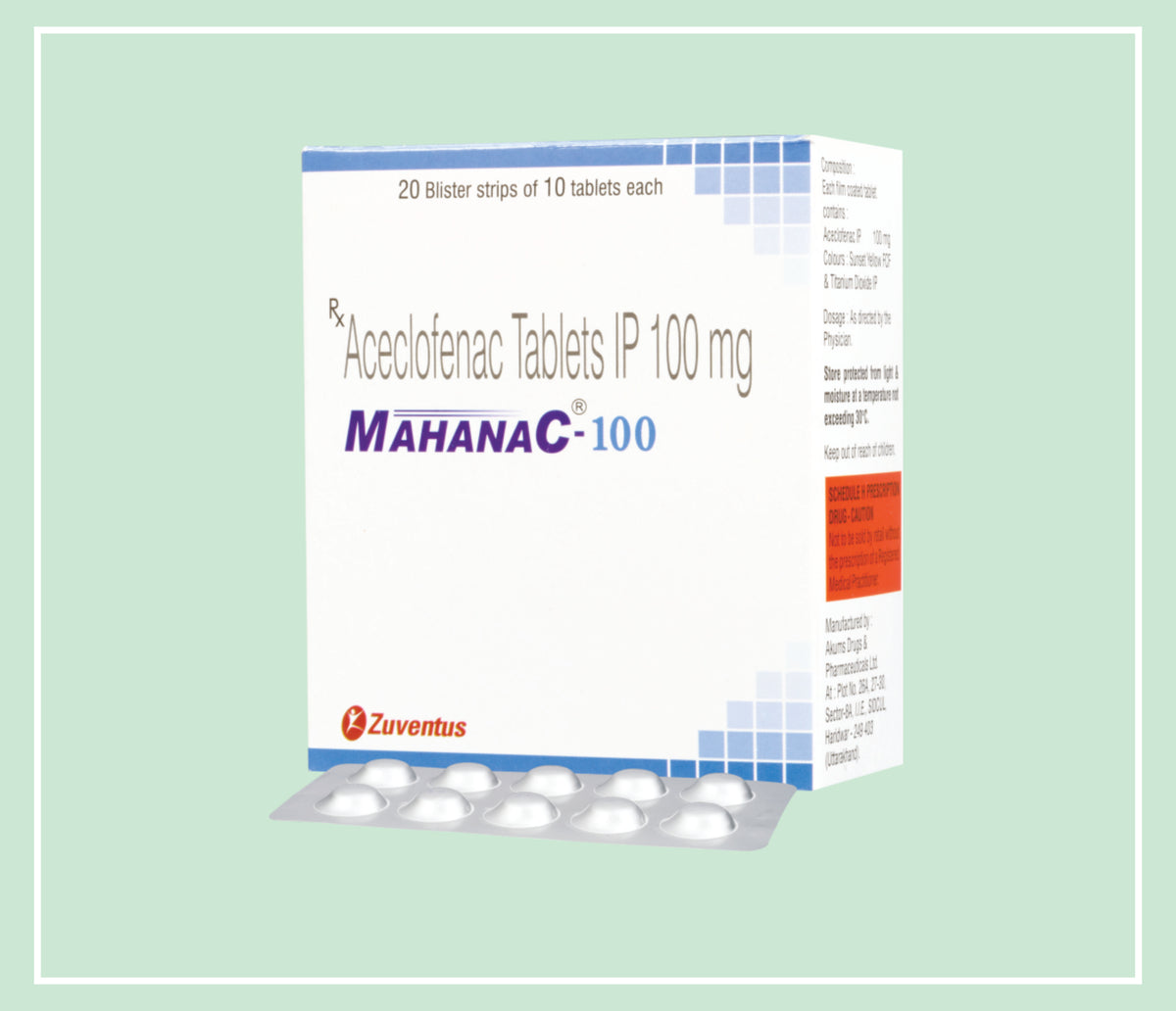 Mahanac 100 Tablet (20X20X10 T) Aceclofenac 100 Mg Tab By Zuventus