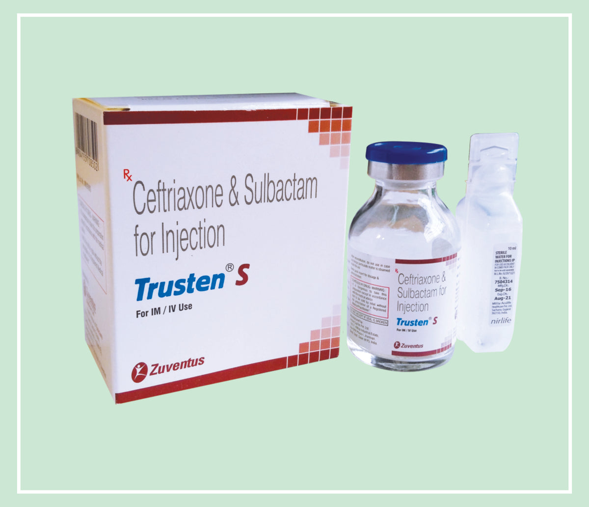 Trusten S Injection (25X1X1 Vial) Ceftriaxone 1 G, Sulbactam 500 Mg Inj By Zuventus