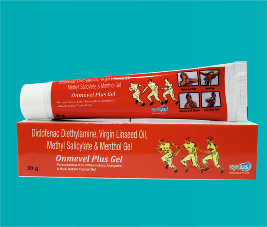 ONMEVEL PLUS GEL 30gm ( Diclofenac Diethylamine BP.......1.16% w/w (equivalent to Diclofenac Sodium ...1.00% w/w)Linseed oil BP........................3.00% w/wMethyl Salicylate IP...........10.00% w/wMenthol IP...................0.50% w/w ) by Zydus