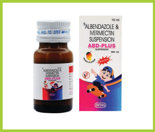 ABD PLUS SUS 10ML ( Each 5 ml contains :  Albendazole  IP  200mg + Ivermectin  BP  3mg/5ml ) by Intas