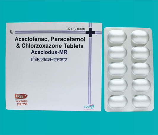 ACECLODUS-MR TAB
(ALU- ALU) PACK 20x10 ( Aceclofenac IP 100 mg Paracetamol IP 325 mg Chlorzoxazone USP 250 mg ) by Zydus