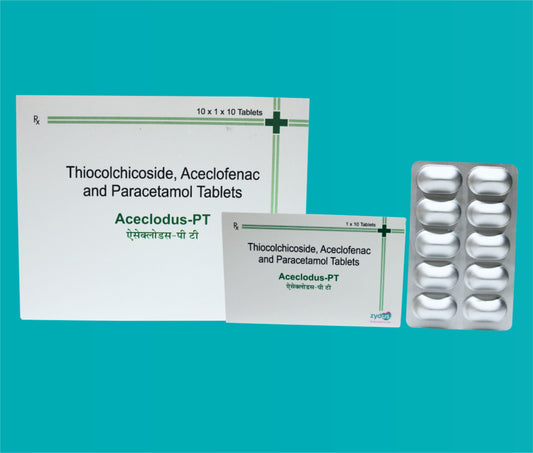 ACECLODUS-PT TABS
(ALU- ALU PACK) 10x1x10 ( Aceclofenac IP 100 mg Paracetamol 325 mg Thiocolchicoside IP 4 mg ) by Zydus