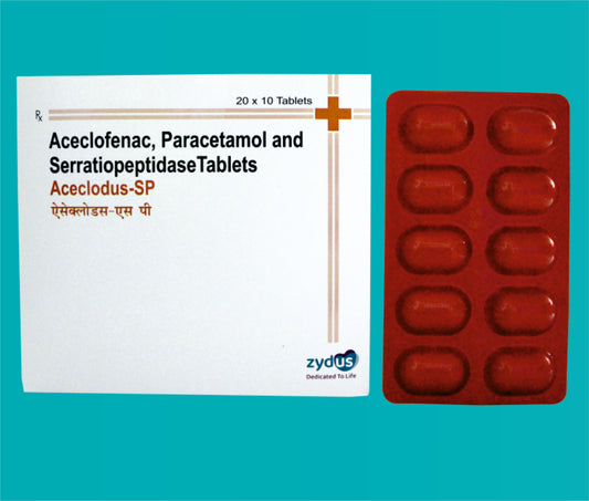 ACECLODUS -SP TABS.
(ORANGE PVC).
 20x10 ( Aceclofenac I.P 100 mg.,Paracetamol I.P. 325 mg., Serratiopeptidase 15 mg. ) by Zydus