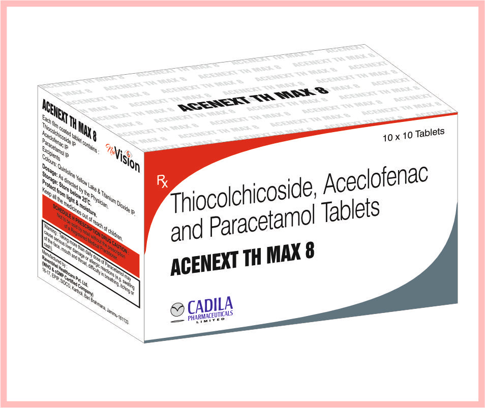 ACENEXT TH MAX 8 TAB 10 T ( Thiocolchicoside 8mg + Aceclofenac 100mg + Paracetamol 325mg ) by Cadila