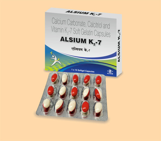 ALSIUM K2 - 7 SOFTGEL CAPSULES ( Each Soft Gelatin Capsule Contains Contains: Calcitriol I.P. 0.25Mcg, Calcium
Carbonate I.P. 625 Mg, (Eq. To Elemental Calcium 250 Mg), Vitamin K2-7   45 Mcg, Excipients Q.S. ) by Alkem