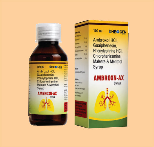 AMBROXN-AX (100 ML) Each 5ml Contains: Ambroxol Hydrochloride  I.P. 15 mg  + Guiaphenesin I.P.  50 mg +Phenylepherine hydrochloride IP 5mg+ Chlorpheniramine maleate Ip 2 mg + Menthol I.P. 1 mg by Theon