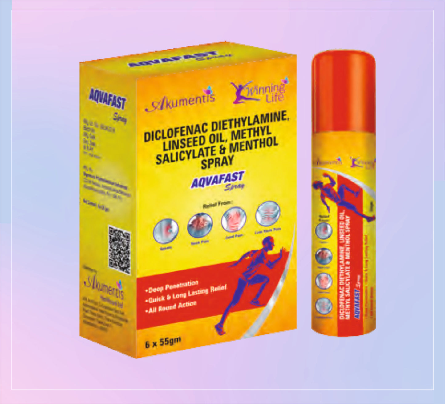 Aqvafast Spray 1x6 55GM Diclofenac 1 % + Linseed Oil 3 % + Methyl Salicylate 10 % + Menthol 5 %   by Akumentis