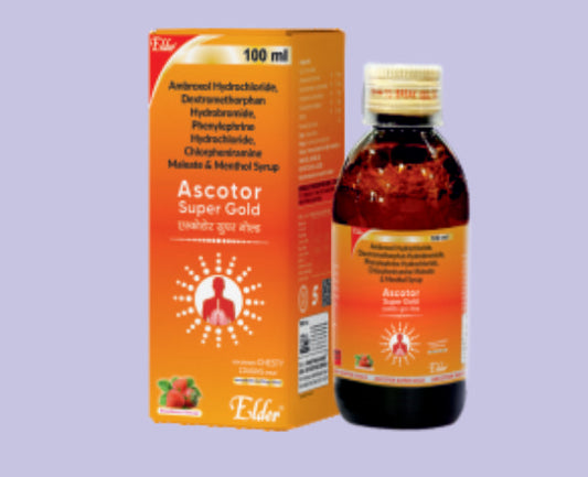 ASCOTOR SUPER GOLD SYP 100ML ( Ambroxol Hydrochloride IP 15mg,Dextromethorphan Hydrobromide 10mg,Phenylephrine Hydrochloride IP 5mg, Chlorpheniramine Maleate IP 2mg,Menthol IP 1.5mg ) by Elder