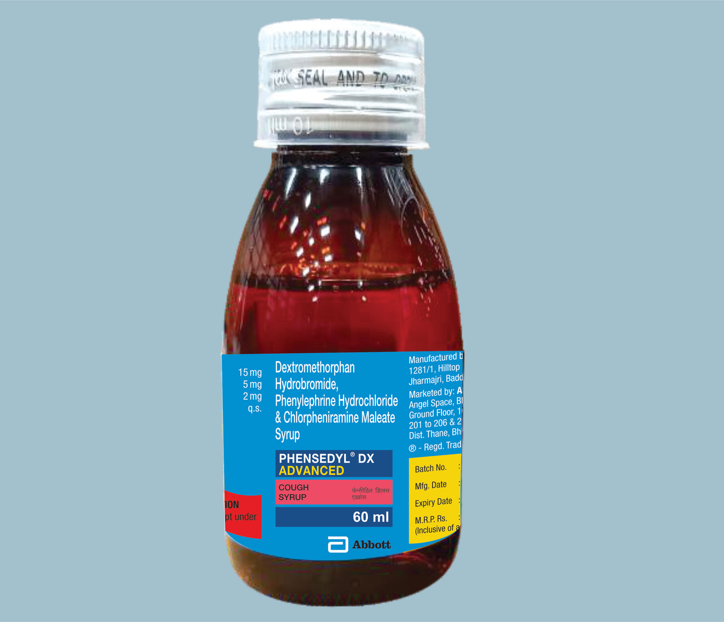 Phensedyl DX Advanced 60ml Dextromethorphan Hydrobromide 15mg, Phenylephrine
Hydrochloride 5mg, Chlorpheniramine Maleate 2mg by Abbott