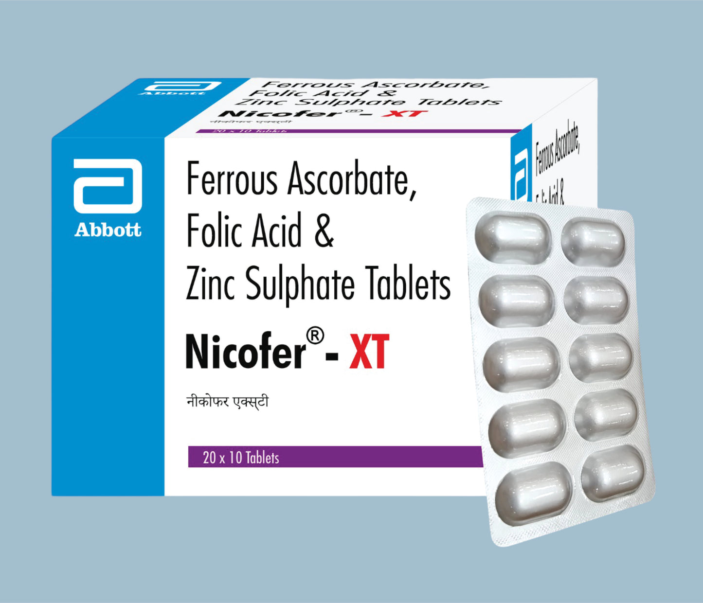 Nicofer-XT Tablets 10Tabs Ferrous Ascorbate 100mg, Folic Acid 1.5mg & Zinc Sulphate 22.5mg by Abbott
