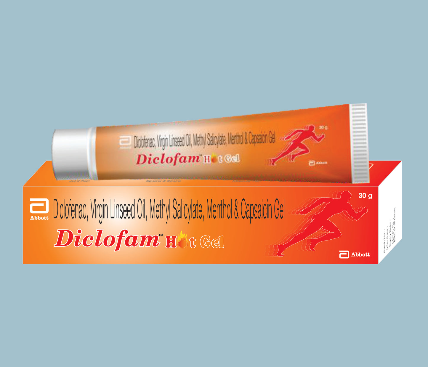 Diclofam Hot Gel 30gm Diclofenac Diethylamine BP 1.16 % w/w Virgin Linseed Oil BP 3%w/w,
Methyl Salicylate 10%w/w Menthol 5% w/w Capsaicin USP 0.0255 w/w Benzyl Alcohol 1%w/w by Abbott