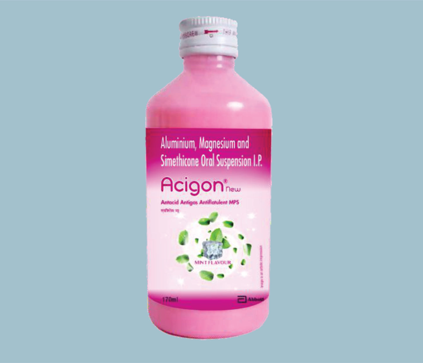 Acigon New Suspension 170ml Dried Aluminium Hydroxide gel 250mg, Magnesium Hydroxide 250mg
and Activated Dimethicone (Simethicone) 50mg by Abbott