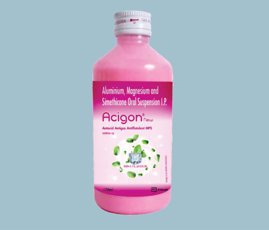 Acigon New Suspension 170ml Dried Aluminium Hydroxide gel 250mg, Magnesium Hydroxide 250mg
and Activated Dimethicone (Simethicone) 50mg by Abbott