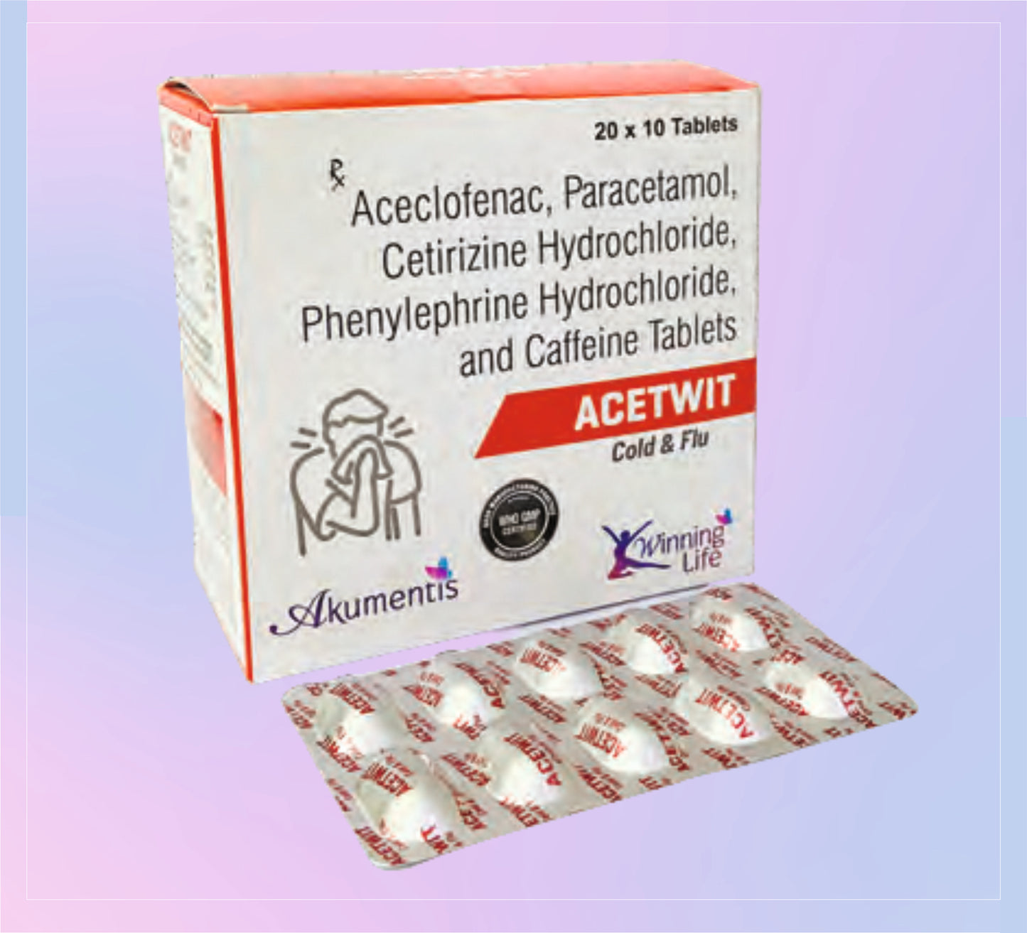 Acetwit Cold & Flu Tab (Al) 20x10 Aceclofenac 100 Mg + Paracetamol 325 Mg + Phenylephrine 5 Mg + Cetirizine 5 Mg + Caffeine 25 Mg by Akumentis