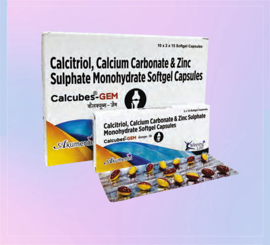 CALCUBES-GEM CAPS (BL) (10X2X15) Calcium Carbonate Eq To Elemental Calcium 200 Mg + Calcitriol 0.25 Mcg + Zinc 7.5 Mg by Akumentis