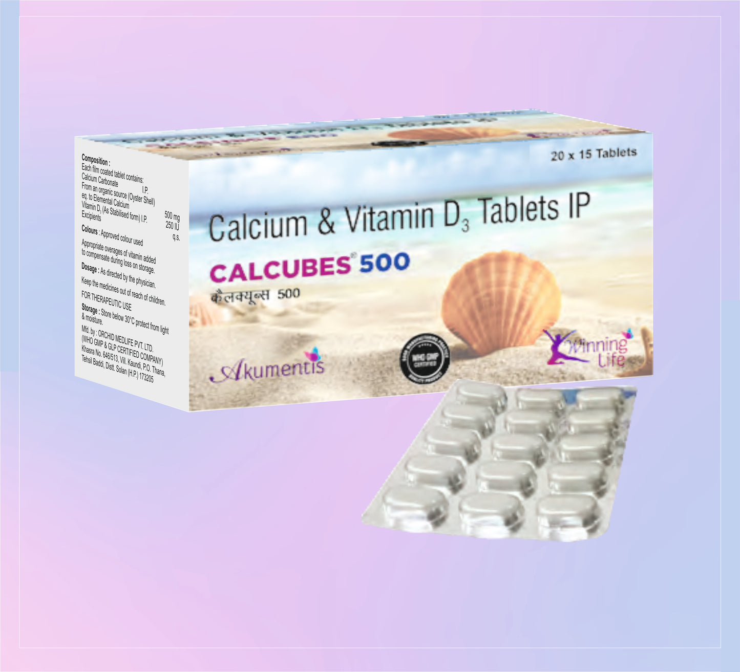 CALCUBES 500 TAB (BL) (20X15) Calcium Carbonate 500 Mg + Vitamin D3 250 Iu by Akumentis