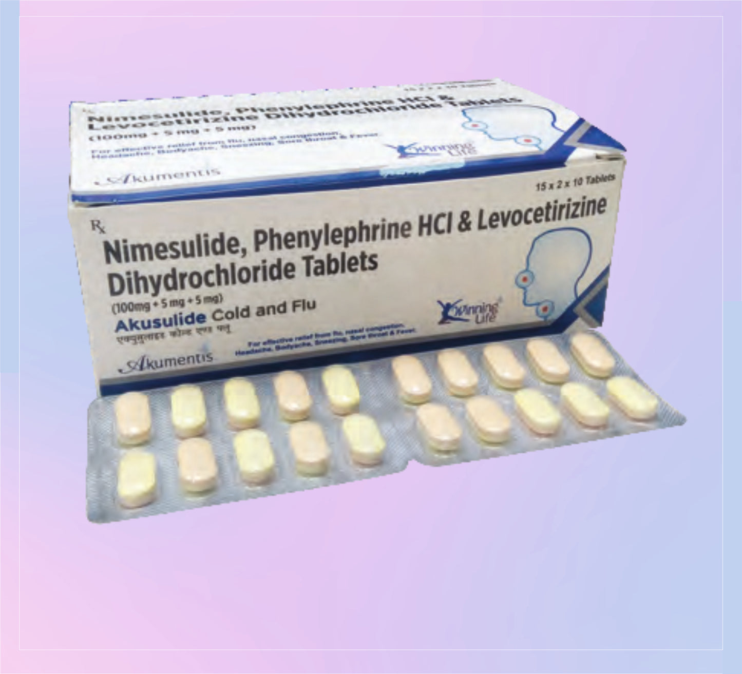 AKUSULIDE COLD AND FLU TAB (BL) (15X2X10) Nimesulide 100 Mg + Levocetirizine 5 Mg + Phenylephrine Hydrochloride 5 Mg by Akumentis