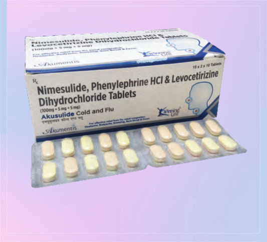 AKUSULIDE COLD AND FLU TAB (BL) (15X2X10) Nimesulide 100 Mg + Levocetirizine 5 Mg + Phenylephrine Hydrochloride 5 Mg by Akumentis