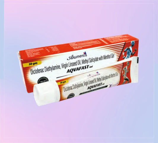 AQVAFAST GEL 30GM (1X30GM) Diclofenac Diethylamine 1.16% W/W (Eq To Diclofenac Sodium 1% W/W) + Linseed Oil 3% W/W + Methyl Salicylate 10% W/W + Menthol 5% W/W by Akumentis