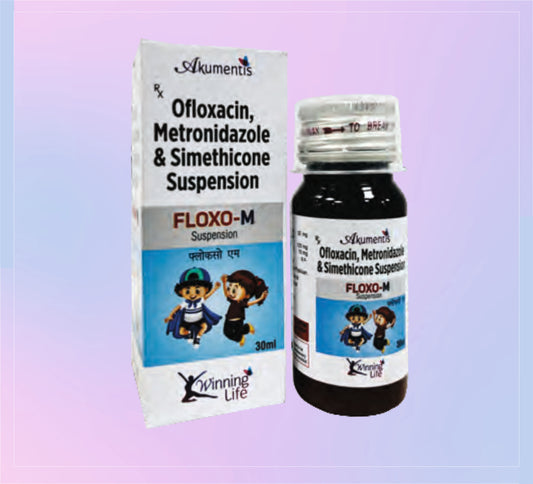 FLOXO-M 30ML (1X30ML) Ofloxacin 50 Mg + Metronidazole 120 Mg + Simethicone 10 Mg by Akumentis