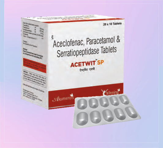 ACETWIT SP TAB (AL) (20X10) Aceclofenac 100 Mg + Paracetamol 325 Mg + Serratiopeptidase 15 Mg by Akumentis