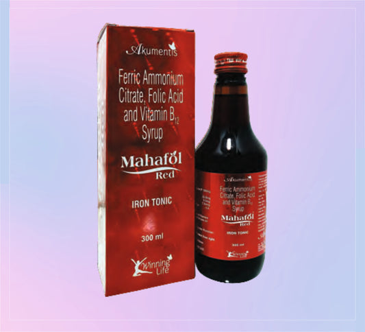 MAHAFOL RED SYRUP 300ML (1X300ML) Ferric Ammonium Citrate 160 Mg (Eq To Elemental Iron 32.8 Mg) + Folic Acid 0.5 Mg + Vitamin B12 7.5 Mcg by Akumentis