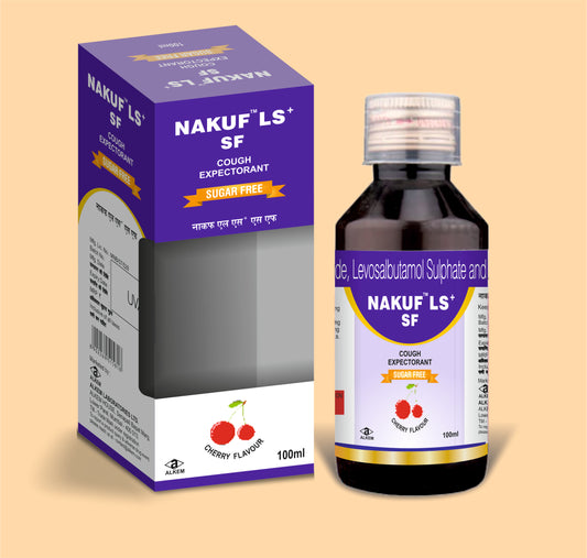 Nakuf Ls+ (100Ml) 100 mlAmbroxol Hcl 30 Mg + Levosalbutamol 1 Mg + Guaiphenesin 50 Mg /5 Ml by Alkem