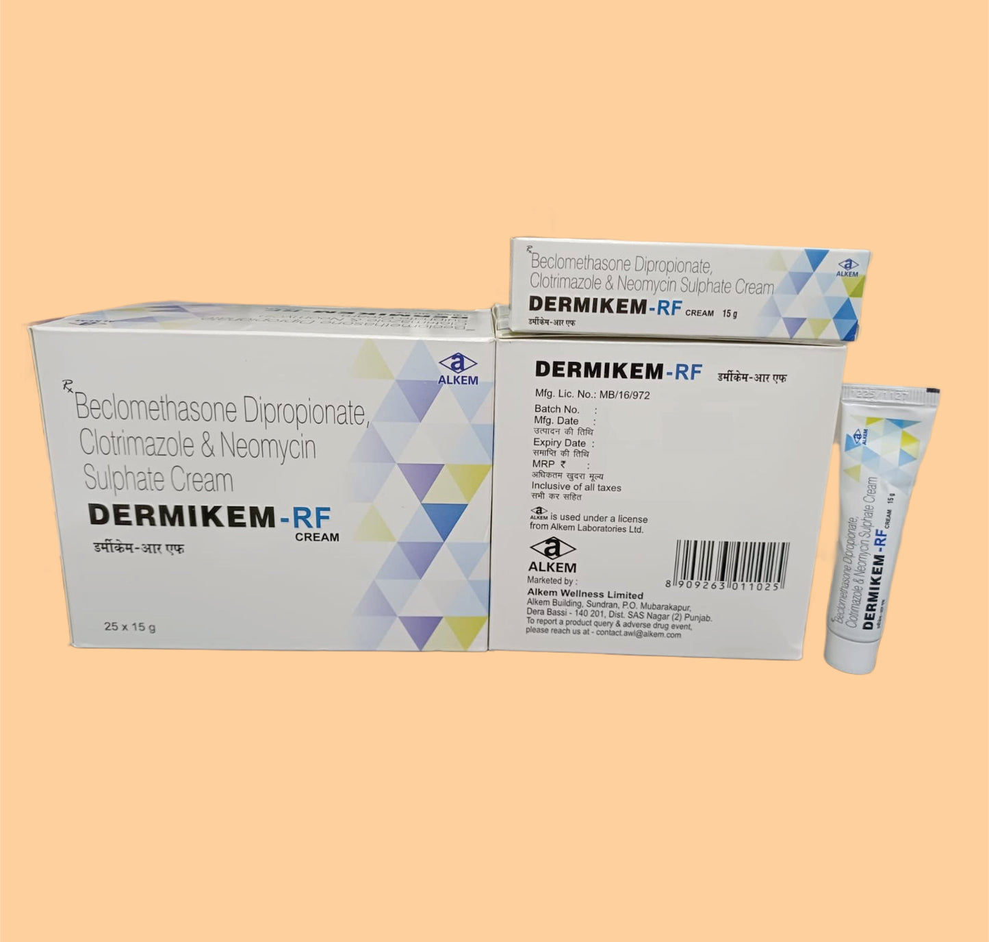 DERMIKEM-RF CREAM  (Beclomethasone Dipropionate 0.025% w/w + Clotrimazole 1% w/w + Neomycin 0.5% w/w) by Alkem