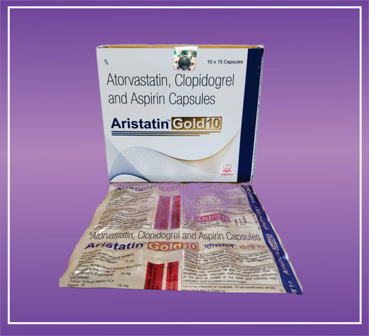Aristatin Gold 10mg (10x15) Atorvastatin 10mg + Clopidogrel 75Gm + Aspirin 75mg by Aristo
