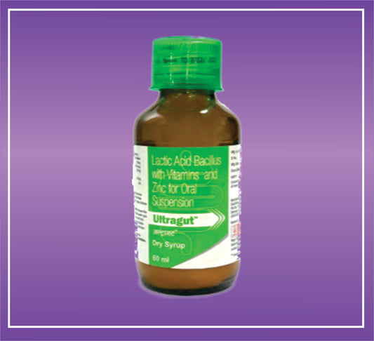 Ultragut Dry Syrup (60ml) Lactic Acid Bacillus 40 × 10? spores, Folic Acid 100 mcg, Vitamin B6 1.5 mg, Niacinamide 15 mg, Zinc Sulphate Monohydrate 5 mg Dry Syr by Aristo