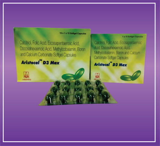 Aristocal D3 Max (10x1x15) Calcitriol (0.25mcg) + Calcium Carbonate (1250mg eq to 500mg cal) Omega-3 fatty acid (300mg) + Methylcobalamin (1500mcg) + Folic Acid (400mcg) + Boron (1.5mg) + Softgel Gelatin Capsules by Aristo