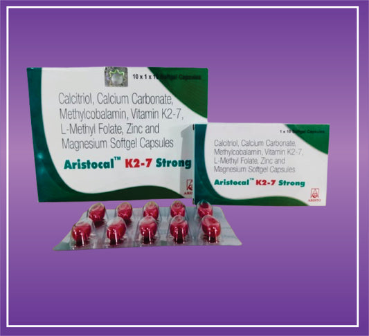 Aristocal K2-7 Strong Caps (10x1x10) Calcitriol (0.25mcg) + Calcium Carbonate (1250mg) Vitamin K27 (45mcg) + Mecobalamin (1500mcg) Zinc (7.5mg) + Magnesium (50mg) + L-Methyl Folate (800mcg) + Softgel Gelatin Capsules by Aristo