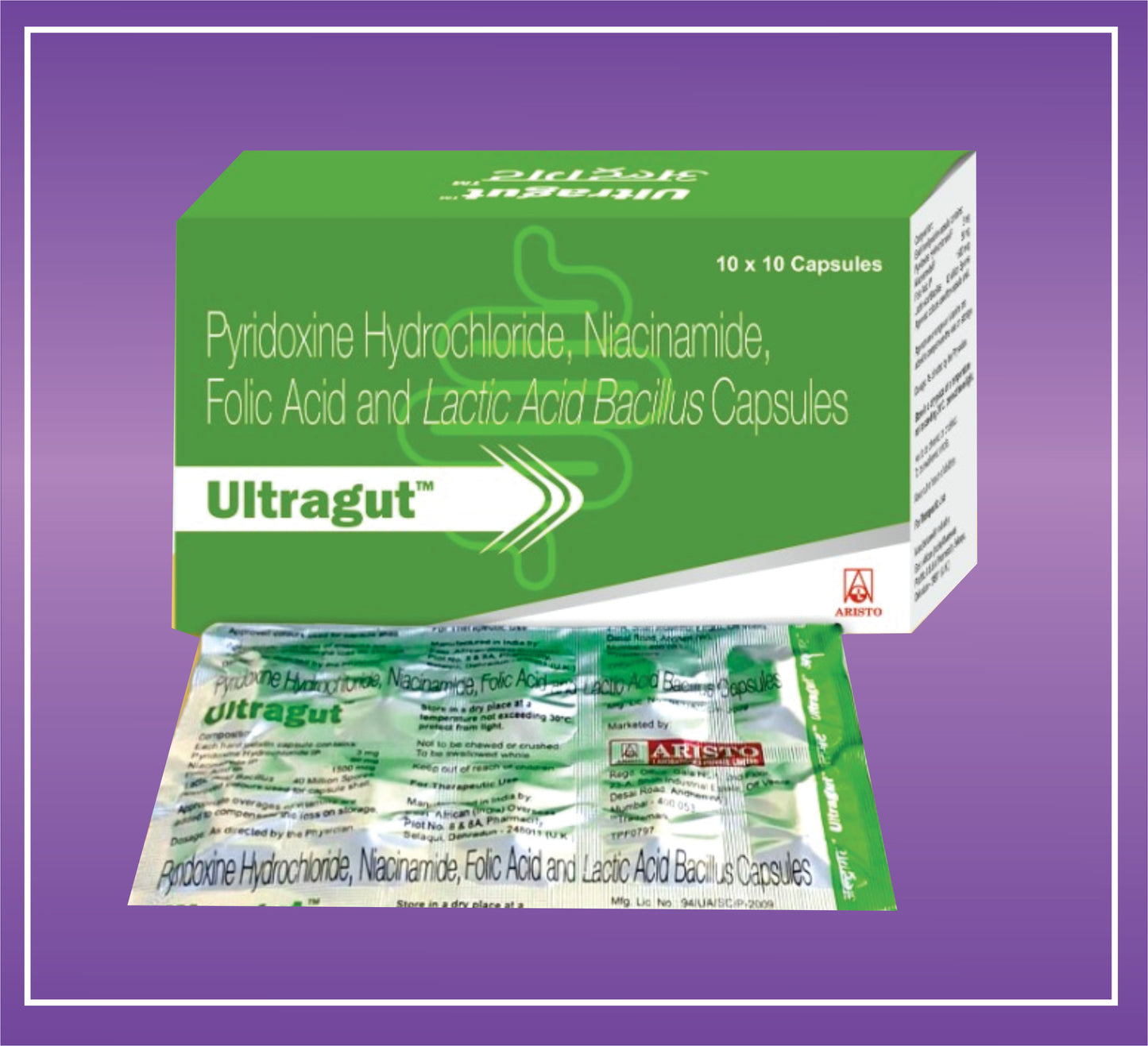 Ultragut Capsules 10's (10x10) Pyridoxine Hydrochloride, Niacinamide, Folic Acid and  Bacilus  Capsules by Aristo
