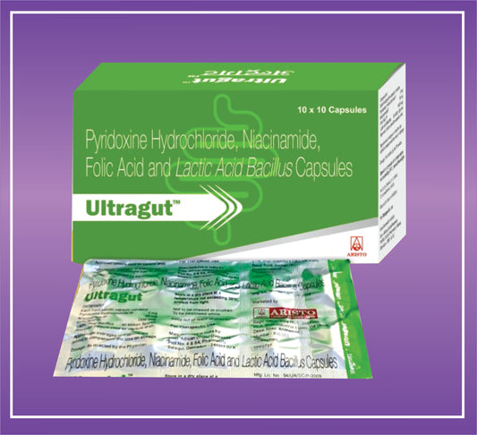 Ultragut Capsule (10x10) Pyridoxine 3 mg, Niacinamide 50 mg, Folic Acid 1500 mcg, Bacillus 40 Million Spores Cap by Aristo