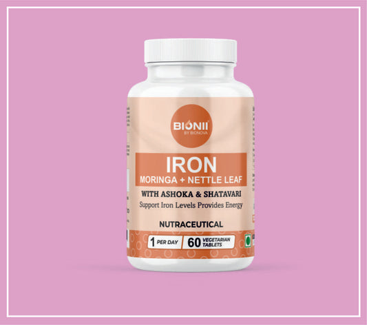 IRON TABS 60's (Iron 17mg, Moringa-50 mg, Nettle Leaf-50 mg, Saraca Indica Extract-50 mg, Asparagus Racemosus Extract-50 mg) by Bionova